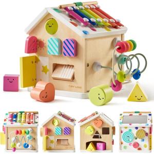 Tiny Land 9-in-1 Wooden Activity Cube, Montessori Baby Activity Center for 1+ Year Old, Educational Toy for Toddlers, Ideal Gift for Boys and Girls (Morandi)(Rainbow)