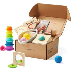 Tiny Land Montessori Toy Set for Babies 7-9 Months Senser Play Kit – 5-in-1 Wooden Learning Toys with Object Permanence Box, Sensory Ball, Stacking Cups and Mirror Puzzle,Body Board Book(7-9M Educational Box)