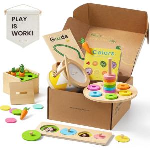 Tiny Land Montessori Toy Set for Babies 7-9 Months Senser Play Kit – 5-in-1 Wooden Learning Toys with Object Permanence Box, Sensory Ball, Stacking Cups and Mirror Puzzle,Body Board Book(13-15M Educational Box)