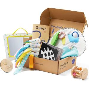 Tiny Land Montessori Toy Set for Babies 7-9 Months Senser Play Kit – 5-in-1 Wooden Learning Toys with Object Permanence Box, Sensory Ball, Stacking Cups and Mirror Puzzle,Body Board Book(0-3M Educational Box)