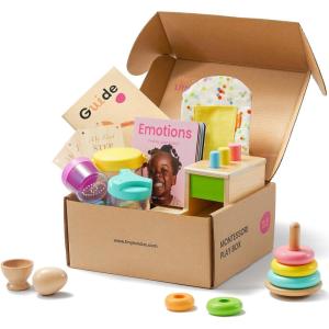 Tiny Land Montessori Toy Set for Babies 7-9 Months Senser Play Kit – 5-in-1 Wooden Learning Toys with Object Permanence Box, Sensory Ball, Stacking Cups and Mirror Puzzle,Body Board Book(10-12M Educational Box)