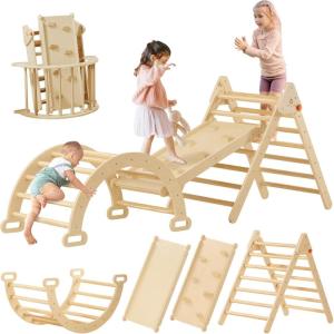 Tiny Land Pikler Triangle Set, 7-in-1 Foldable Pikler Triangle Climbing Toys Set for Kids,Baby Indoor Playground Jungle Gym, Wooden Montessori Climbing Set for Toddler (Rainbow)(Natural)