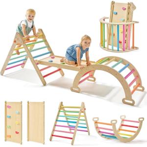 Tiny Land Pikler Triangle Set, 7-in-1 Foldable Pikler Triangle Climbing Toys Set for Kids,Baby Indoor Playground Jungle Gym, Wooden Montessori Climbing Set for Toddler (Rainbow)(Rainbow)