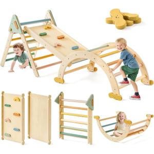 Tiny Land Pikler Triangle Set,7-in-1 Foldable Montessori Toddler Climbing Toys Indoor, Wooden Playground Jungle Gym for Kids, Climber Gift for Boys & Girls Toddler Climbing Toys (Morandi)(Morandi)