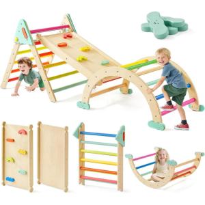Tiny Land Pikler Triangle Set,7-in-1 Foldable Montessori Toddler Climbing Toys Indoor, Wooden Playground Jungle Gym for Kids, Climber Gift for Boys & Girls Toddler Climbing Toys (Morandi)(Rainbow)