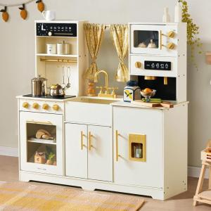 Tiny Land Play Kitchen for Kids, Toy Kitchen Set with Plenty of Play Features, New Modern Kids Wooden Play Kitchen Designed in Trendy Home Style with Curtains, Gift for Ages 3+(White Play Kitchen)