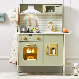 Tiny Land Play Kitchen for Kids, Wooden Kids Play Kitchen Playset Chef Pretend Play Set for Toddlers with Real Lights & Sounds, Toys Kitchen with 18 Pcs Toy Food & Cookware Accessories(Green)