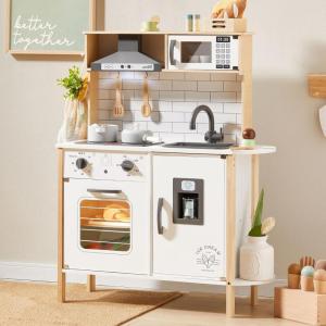 Tiny Land Play Kitchen for Kids, Wooden Kids Play Kitchen Playset Chef Pretend Play Set for Toddlers with Real Lights & Sounds, Toys Kitchen with 18 Pcs Toy Food & Cookware Accessories(White)