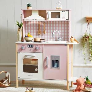 Tiny Land Play Kitchen for Kids, Wooden Kids Play Kitchen Playset Chef Pretend Play Set for Toddlers with Real Lights & Sounds, Toys Kitchen with 18 Pcs Toy Food & Cookware Accessories(Pink)