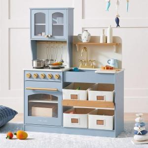 Tiny Land Play Kitchen for Kids with Enhanced Storage – Modern Toddler Kitchen Playset with Stove, Sink & Accessories, Organized Wooden Toy Kitchen, Ideal for Toddlers(Blue)