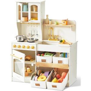 Tiny Land Play Kitchen for Kids with Enhanced Storage – Modern Toddler Kitchen Playset with Stove, Sink & Accessories, Organized Wooden Toy Kitchen, Ideal for Toddlers(Cream)