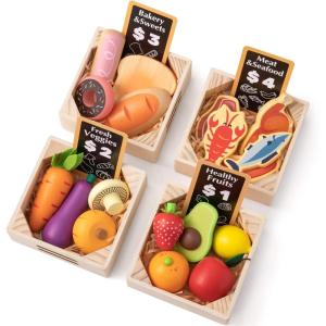 Tiny Land Wooden Play Food Sets for Kids Kitchen – 100% Wood 43 Pieces Kids Toy Food for Toddlers 3+ Year Old, Pretend Food Play Kitchen Accessories Set for Boys and Girls