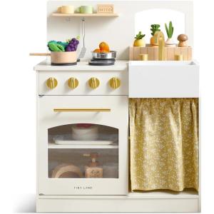 Tiny Land Wooden Play Kitchen, Toddler Kitchen with Cutting Food Set, Kids Kitchen Playset Toys for Girls & Boys, Educational Role Play Gift for Small Spaces(White)