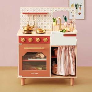 Tiny Land Wooden Play Kitchen, Toddler Kitchen with Cutting Food Set, Kids Kitchen Playset Toys for Girls & Boys, Educational Role Play Gift for Small Spaces(Warm Brown)