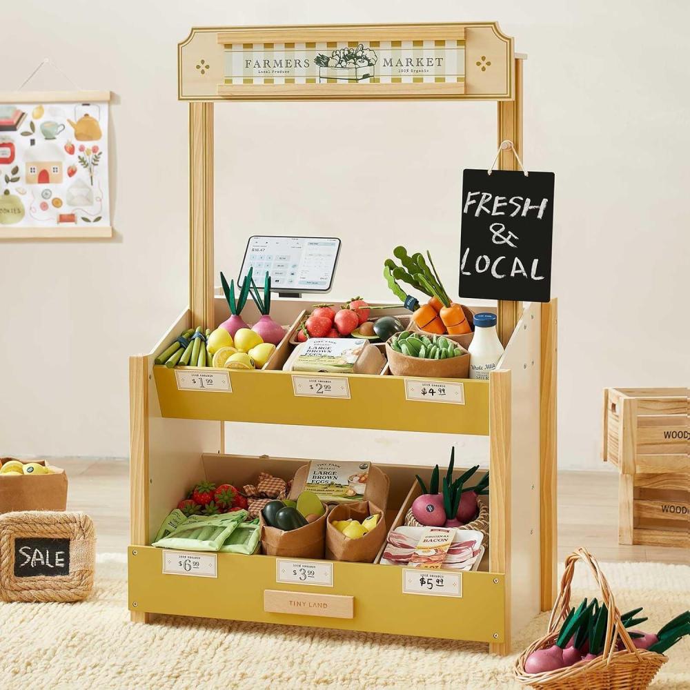 imageTiny Land Wooden Play Store Pretend Farmers Market amp Coffee Shop with Cash Register DIY Price Tags Chalkboard Pretend Grocery Store Role Play Toy for Toddlers