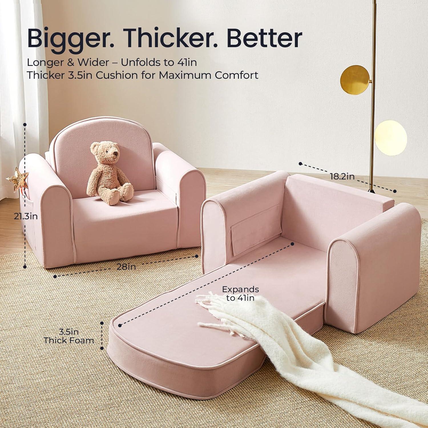 imageTiny Land 2in1 Foldable Kids Couch with Pockets Soft Thick Toddler Sofa Lounger Couch Convertible Kids Chair for Playroom Bedroom or Living Room Gift for Boys amp GirlsGreenPink