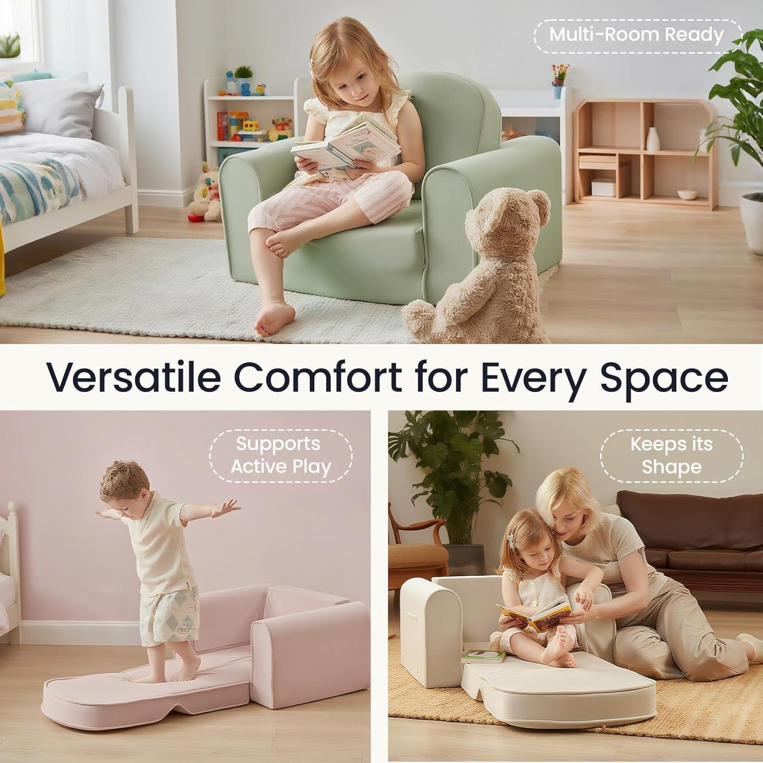 imageTiny Land 2in1 Foldable Kids Couch with Pockets Soft Thick Toddler Sofa Lounger Couch Convertible Kids Chair for Playroom Bedroom or Living Room Gift for Boys amp GirlsGreenBeige