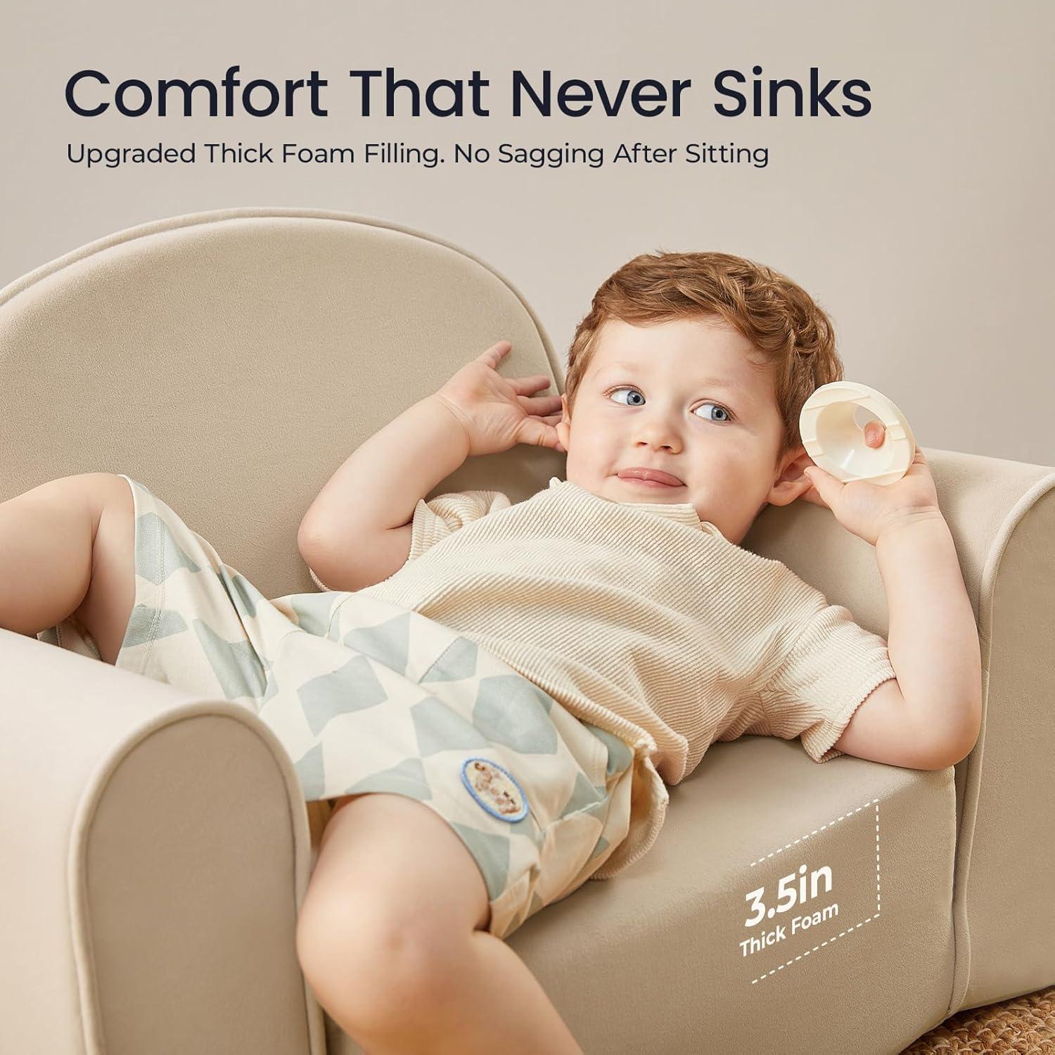 imageTiny Land 2in1 Foldable Kids Couch with Pockets Soft Thick Toddler Sofa Lounger Couch Convertible Kids Chair for Playroom Bedroom or Living Room Gift for Boys amp GirlsGreenBeige