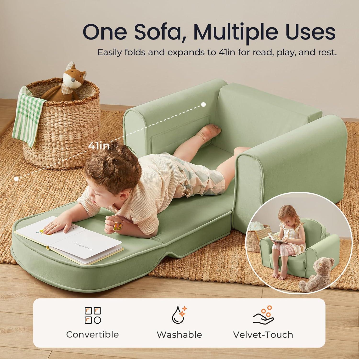 imageTiny Land 2in1 Foldable Kids Couch with Pockets Soft Thick Toddler Sofa Lounger Couch Convertible Kids Chair for Playroom Bedroom or Living Room Gift for Boys amp GirlsGreenGreen
