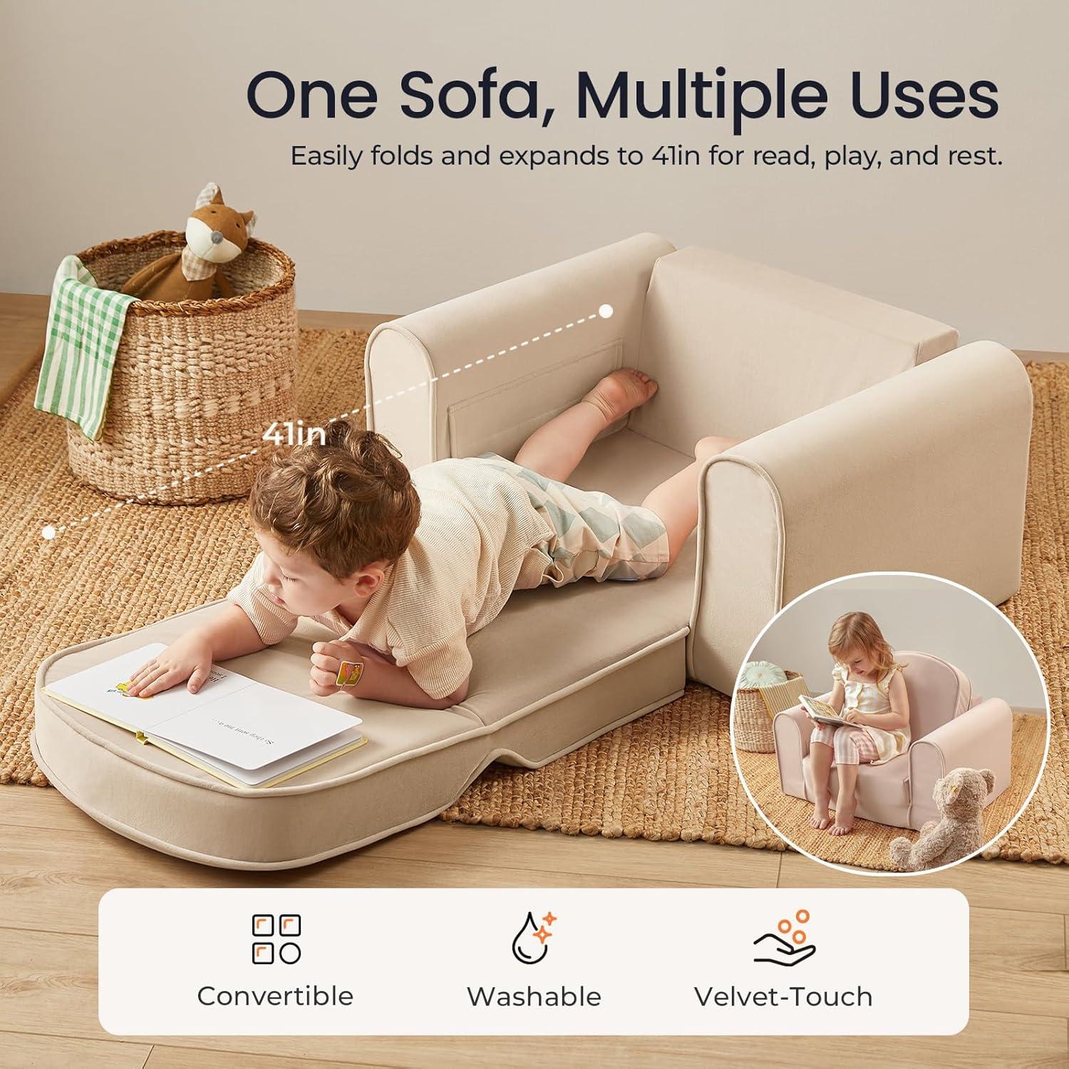 imageTiny Land 2in1 Foldable Kids Couch with Pockets Soft Thick Toddler Sofa Lounger Couch Convertible Kids Chair for Playroom Bedroom or Living Room Gift for Boys amp GirlsGreenBeige