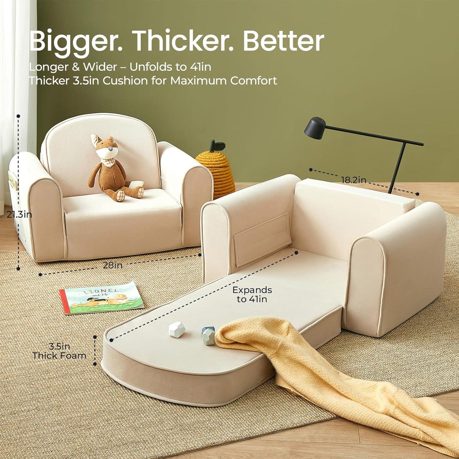 imageTiny Land 2in1 Foldable Kids Couch with Pockets Soft Thick Toddler Sofa Lounger Couch Convertible Kids Chair for Playroom Bedroom or Living Room Gift for Boys amp GirlsGreenBeige