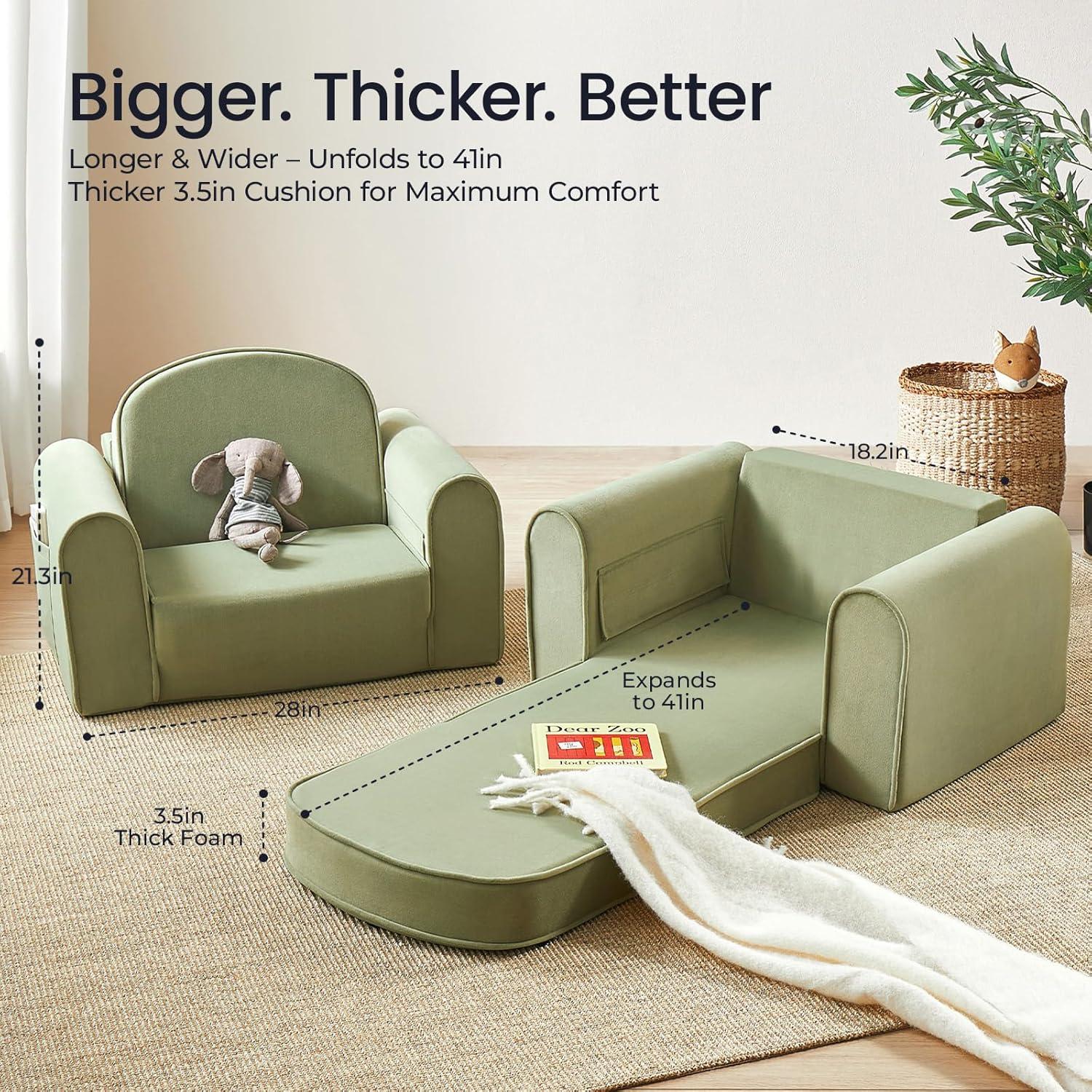 imageTiny Land 2in1 Foldable Kids Couch with Pockets Soft Thick Toddler Sofa Lounger Couch Convertible Kids Chair for Playroom Bedroom or Living Room Gift for Boys amp GirlsGreenGreen