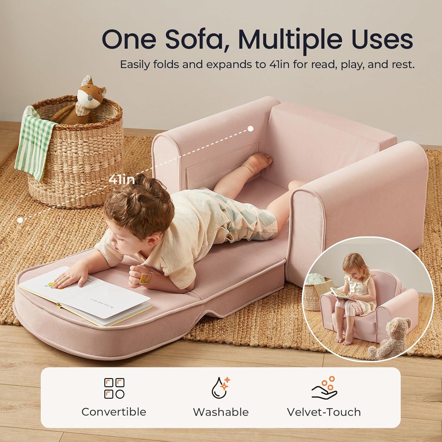 imageTiny Land 2in1 Foldable Kids Couch with Pockets Soft Thick Toddler Sofa Lounger Couch Convertible Kids Chair for Playroom Bedroom or Living Room Gift for Boys amp GirlsGreenPink