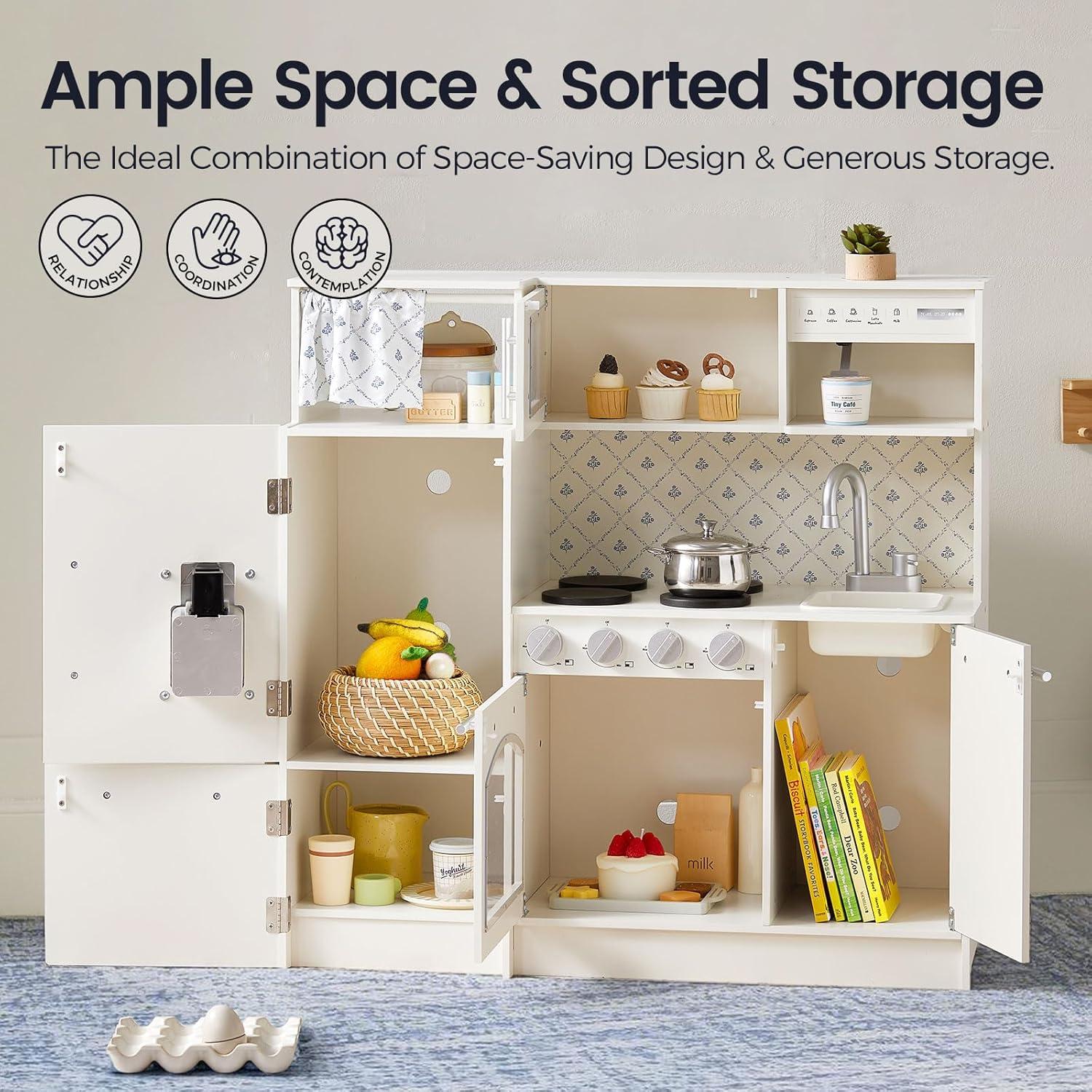 imageTiny Land Play Kitchen for Kids Upgraded Wooden Kitchen Toy with Complete Play Areas Pretend Cooking Set with Sink Stove Microwave Toy Coffee Station amp Storage for Kids Ages 3White