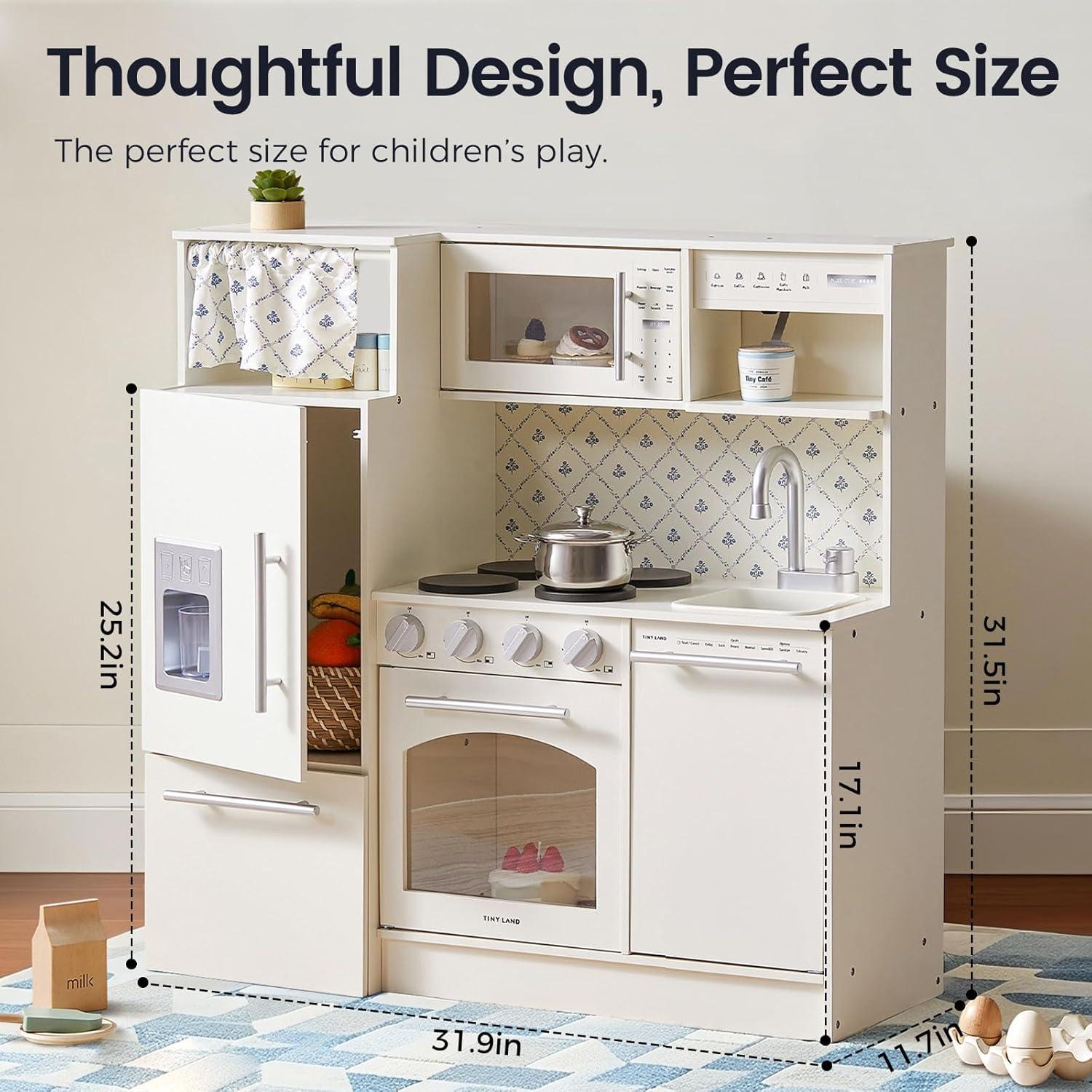 imageTiny Land Play Kitchen for Kids Upgraded Wooden Kitchen Toy with Complete Play Areas Pretend Cooking Set with Sink Stove Microwave Toy Coffee Station amp Storage for Kids Ages 3White