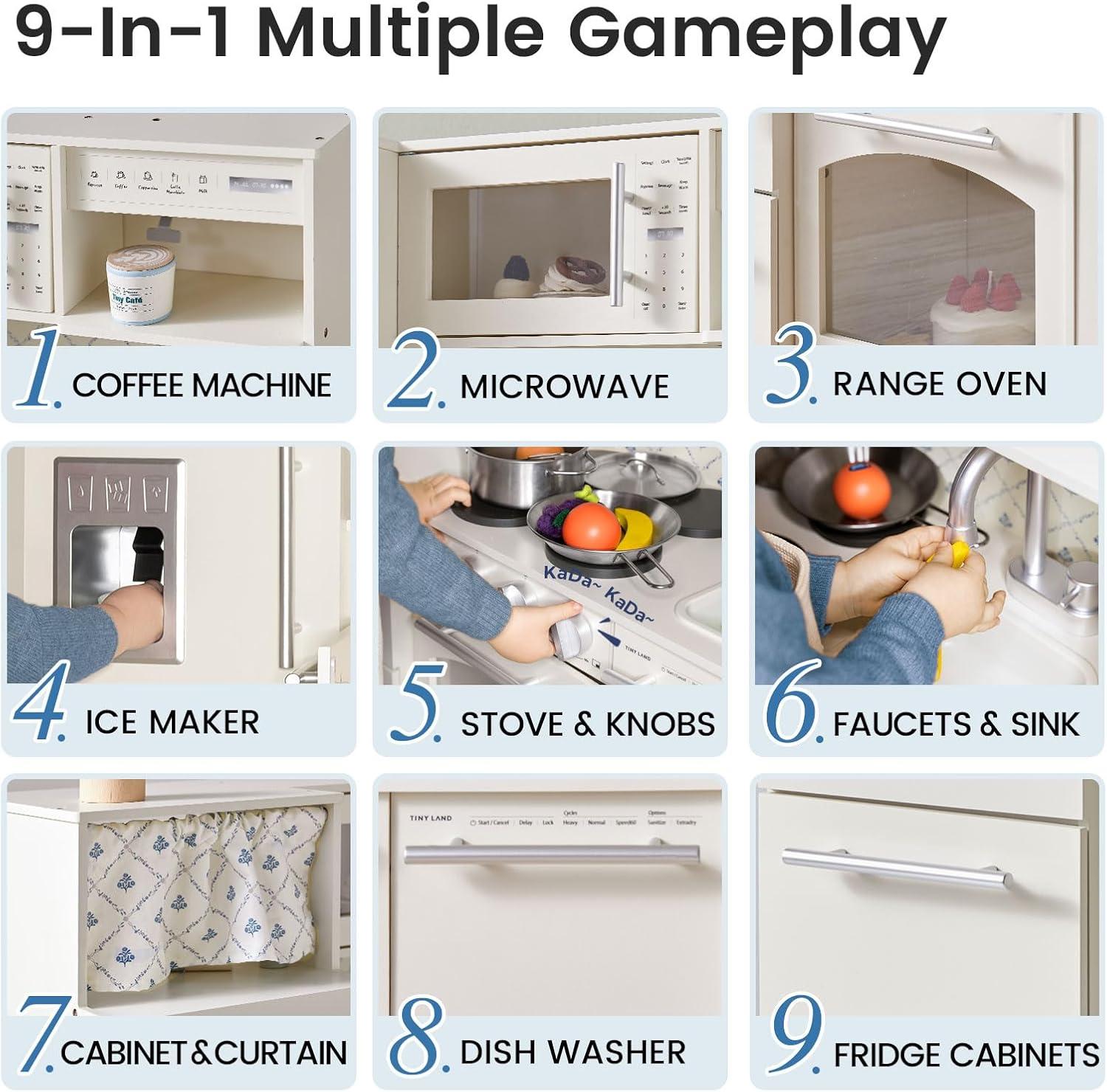 imageTiny Land Play Kitchen for Kids Upgraded Wooden Kitchen Toy with Complete Play Areas Pretend Cooking Set with Sink Stove Microwave Toy Coffee Station amp Storage for Kids Ages 3White