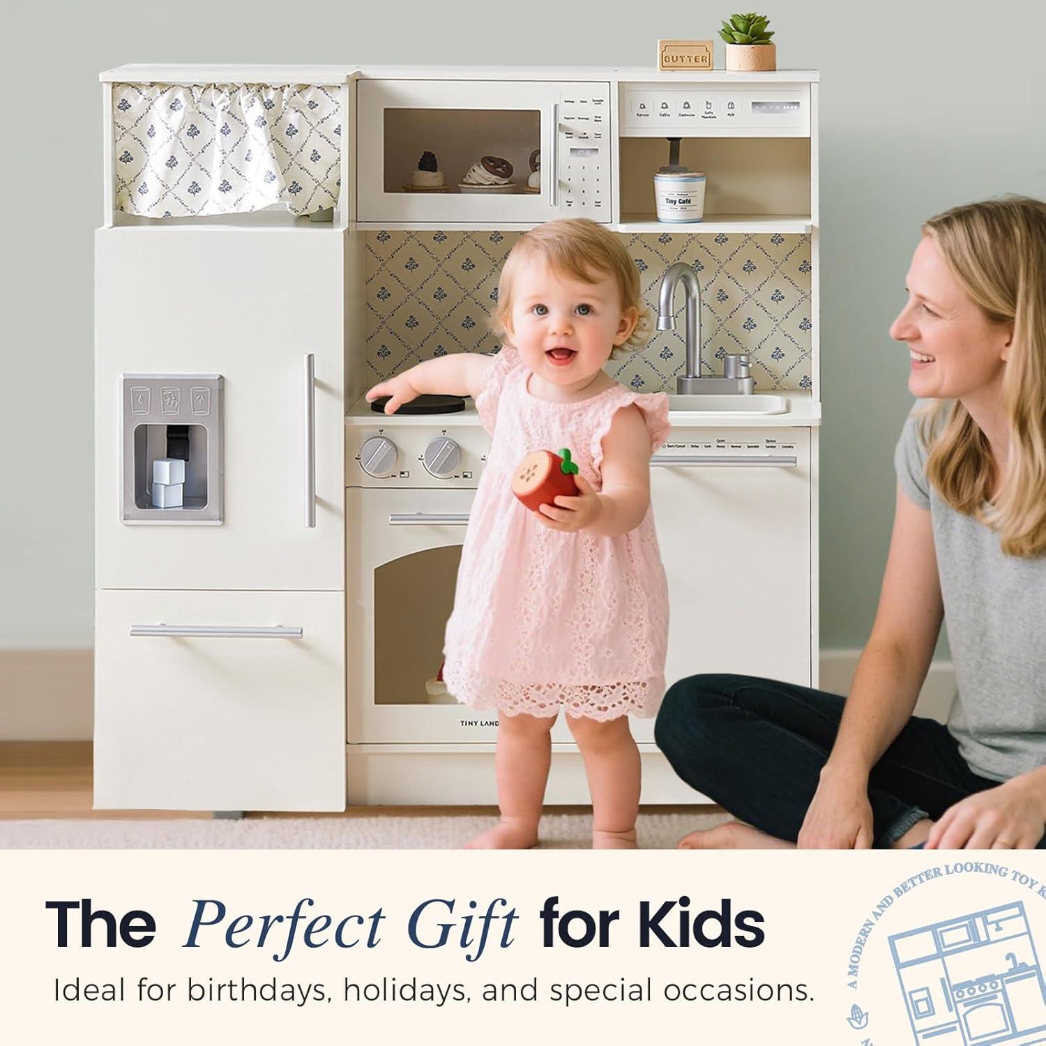 imageTiny Land Play Kitchen for Kids Upgraded Wooden Kitchen Toy with Complete Play Areas Pretend Cooking Set with Sink Stove Microwave Toy Coffee Station amp Storage for Kids Ages 3White