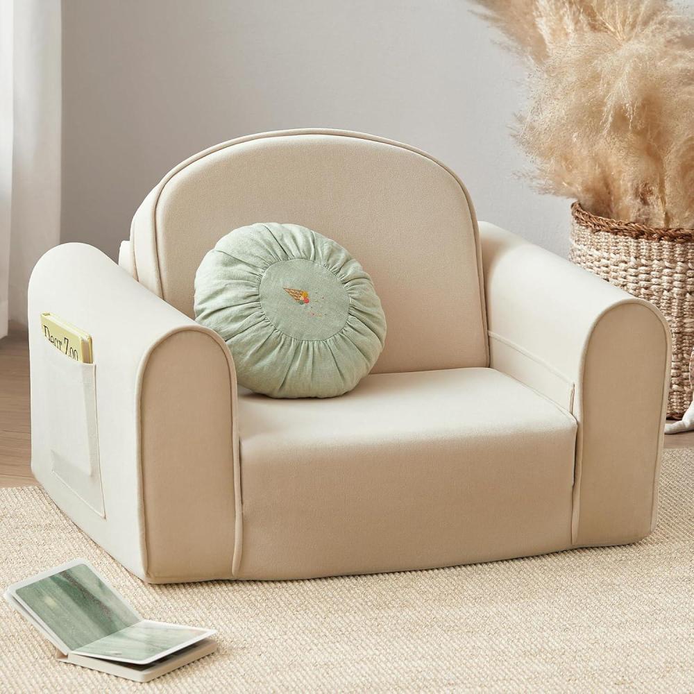 imageTiny Land 2in1 Foldable Kids Couch with Pockets Soft Thick Toddler Sofa Lounger Couch Convertible Kids Chair for Playroom Bedroom or Living Room Gift for Boys amp GirlsGreenBeige