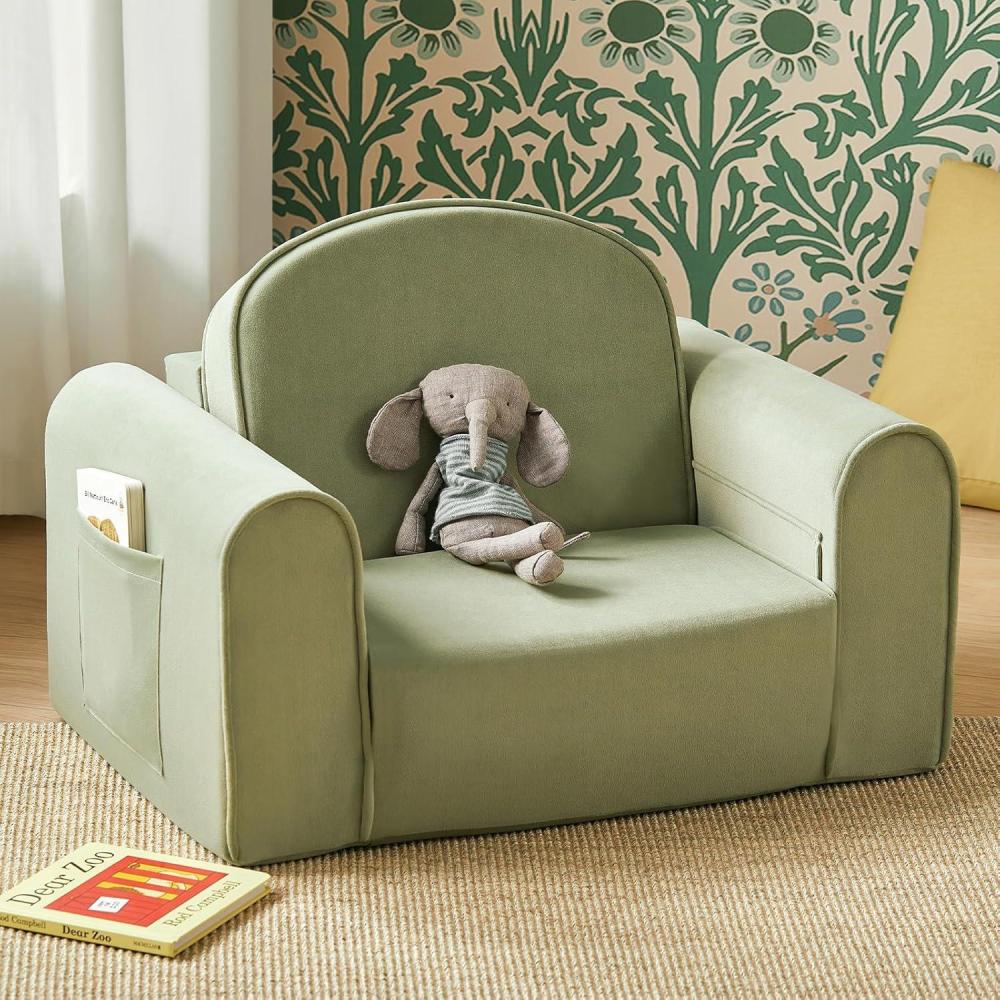 imageTiny Land 2in1 Foldable Kids Couch with Pockets Soft Thick Toddler Sofa Lounger Couch Convertible Kids Chair for Playroom Bedroom or Living Room Gift for Boys amp GirlsGreenGreen