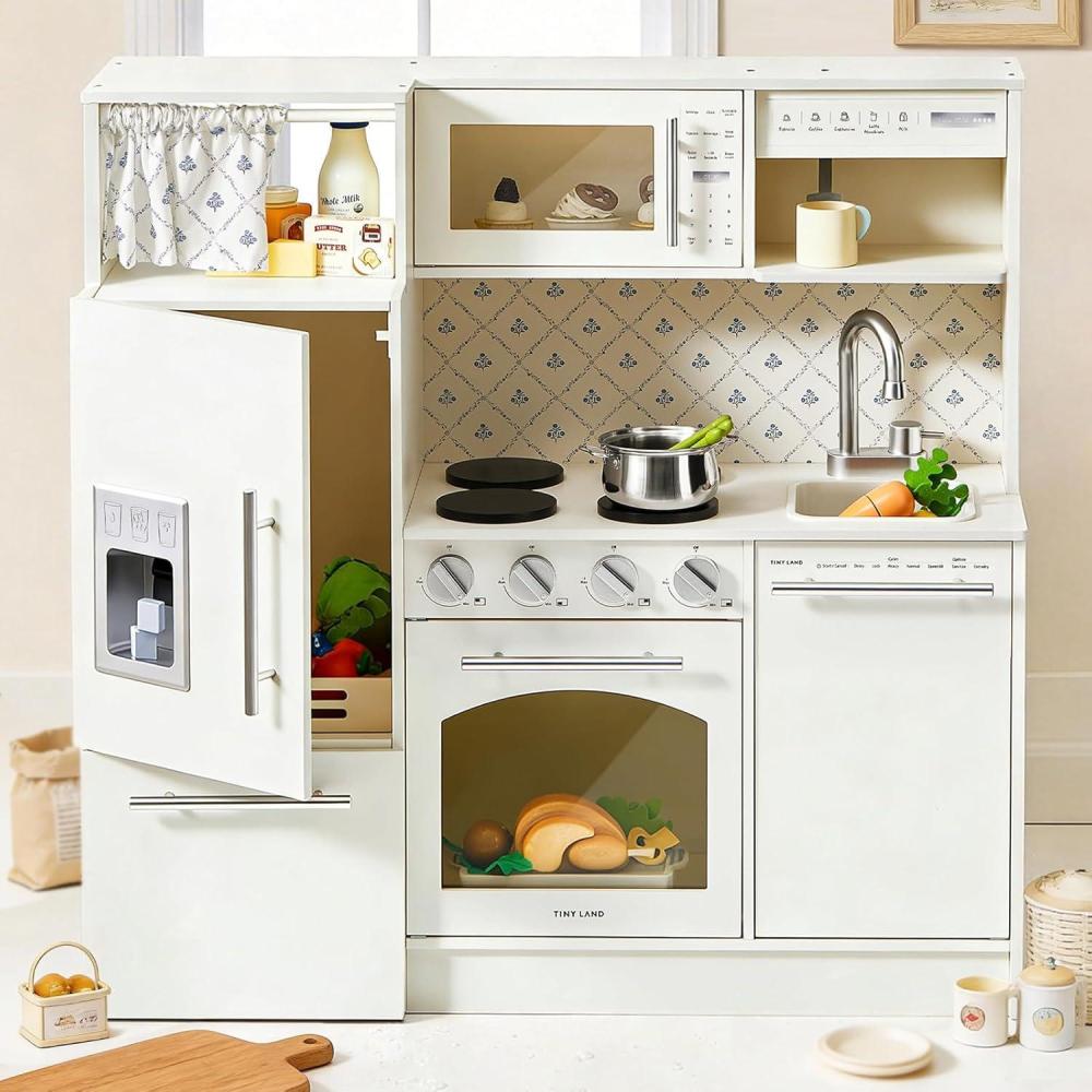 imageTiny Land Play Kitchen for Kids Upgraded Wooden Kitchen Toy with Complete Play Areas Pretend Cooking Set with Sink Stove Microwave Toy Coffee Station amp Storage for Kids Ages 3White