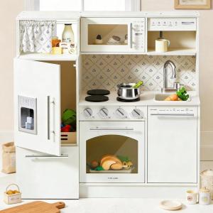 Tiny Land Play Kitchen for Kids, Upgraded Wooden Kitchen Toy with Complete Play Areas, Pretend Cooking Set with Sink, Stove, Microwave, Toy Coffee Station & Storage for Kids Ages 3+(White)