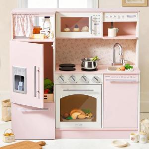 Tiny Land Play Kitchen for Kids, Upgraded Wooden Kitchen Toy with Complete Play Areas, Pretend Cooking Set with Sink, Stove, Microwave, Toy Coffee Station & Storage for Kids Ages 3+(Pink)