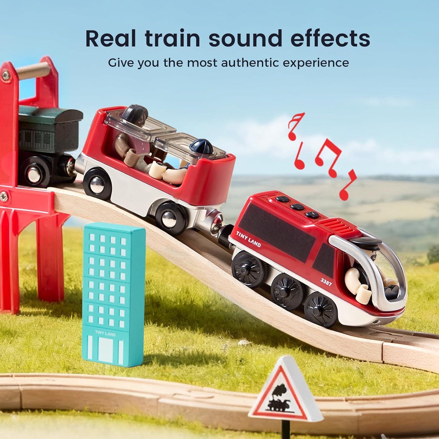 imageTiny Land Battery Operated Action Locomotive Train Powerful Engine Bullet Train Set Compatible with Major Brand Tracks Battery Powered Track Toys for Toddlers Boys Girls Kids 3 4 5 RedRed