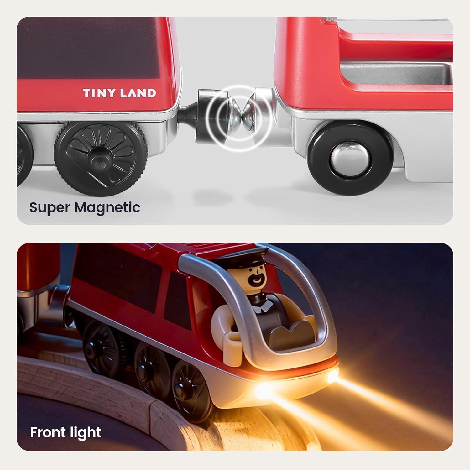 imageTiny Land Battery Operated Action Locomotive Train Powerful Engine Bullet Train Set Compatible with Major Brand Tracks Battery Powered Track Toys for Toddlers Boys Girls Kids 3 4 5 RedRed