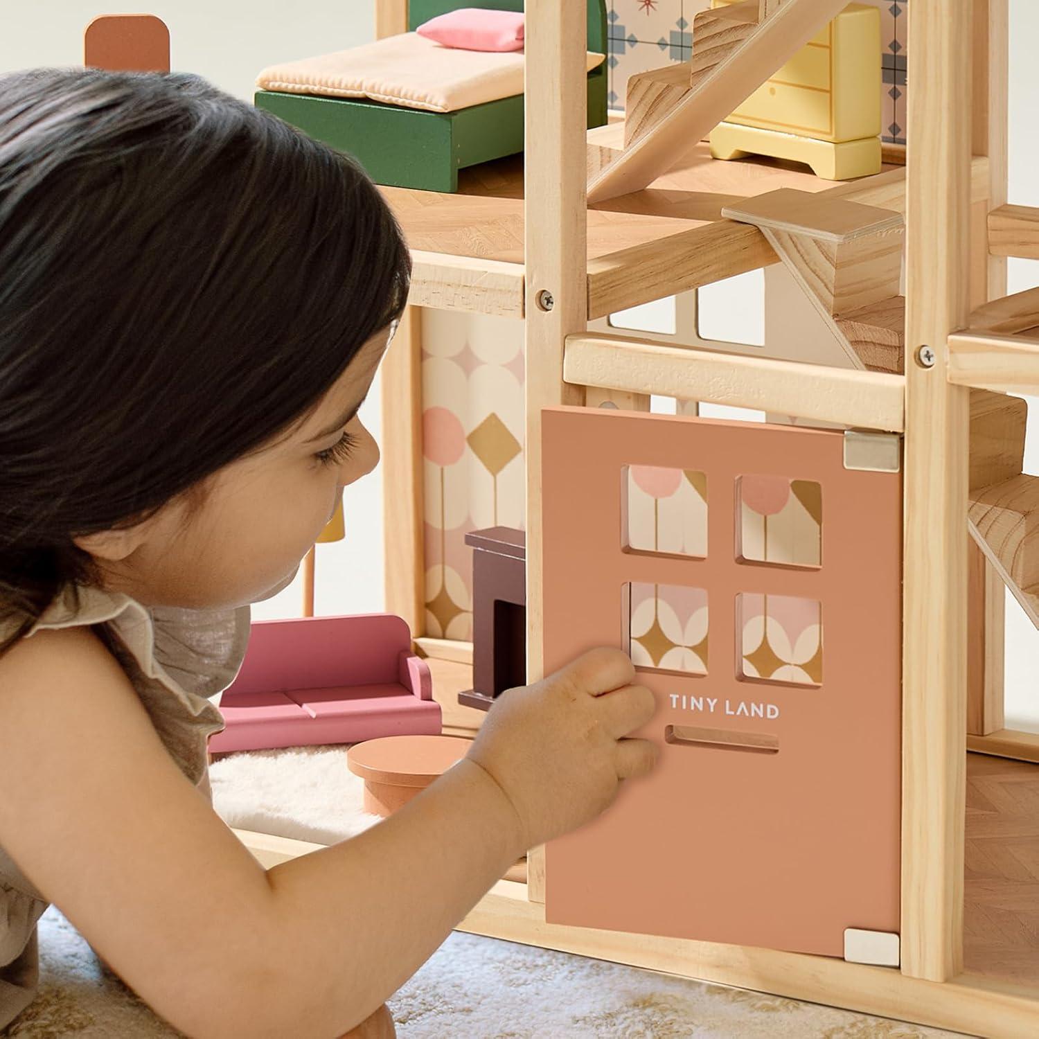 imageTiny Land Wooden Dollhouse for Girls 6 Rooms Wooden Doll House DIY Pretend Doll House with 31Pcs Furniture Accessories Creative Gift for Girl Ages 3 Dusty Pink