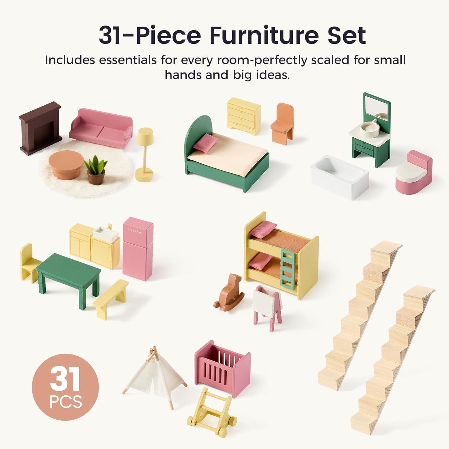 imageTiny Land Wooden Dollhouse for Girls 6 Rooms Wooden Doll House DIY Pretend Doll House with 31Pcs Furniture Accessories Creative Gift for Girl Ages 3 Dusty Pink