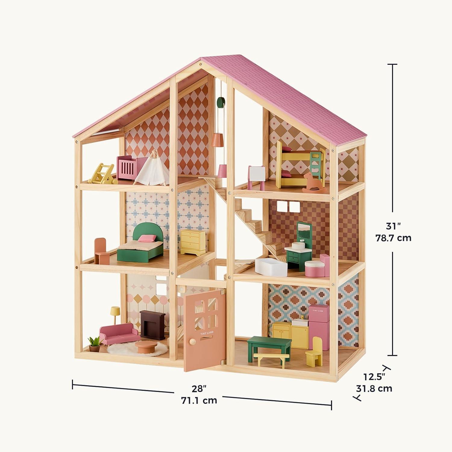imageTiny Land Wooden Dollhouse for Girls 6 Rooms Wooden Doll House DIY Pretend Doll House with 31Pcs Furniture Accessories Creative Gift for Girl Ages 3 Dusty Pink