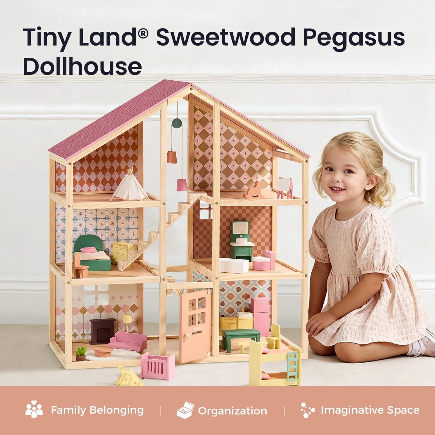 imageTiny Land Wooden Dollhouse for Girls 6 Rooms Wooden Doll House DIY Pretend Doll House with 31Pcs Furniture Accessories Creative Gift for Girl Ages 3 Dusty Pink