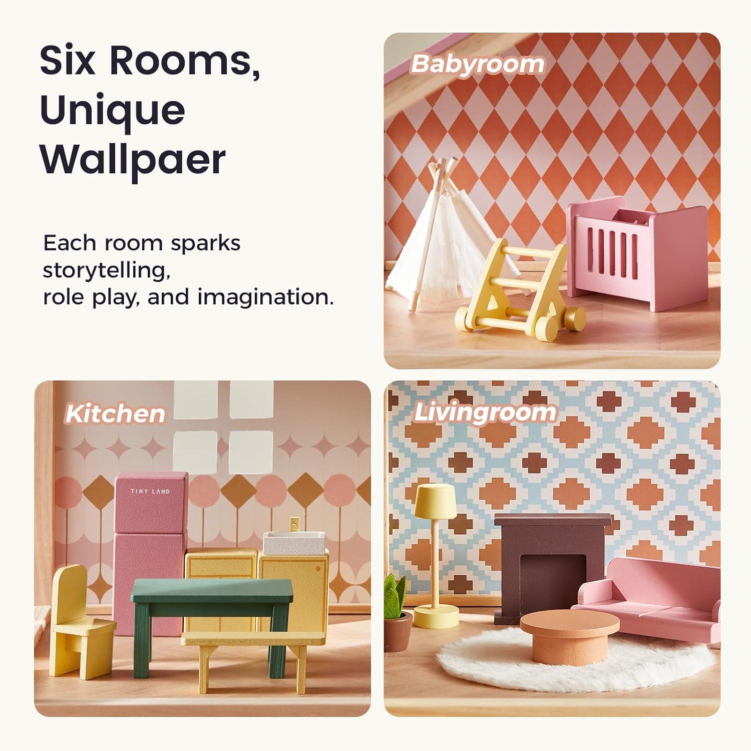 imageTiny Land Wooden Dollhouse for Girls 6 Rooms Wooden Doll House DIY Pretend Doll House with 31Pcs Furniture Accessories Creative Gift for Girl Ages 3 Dusty Pink