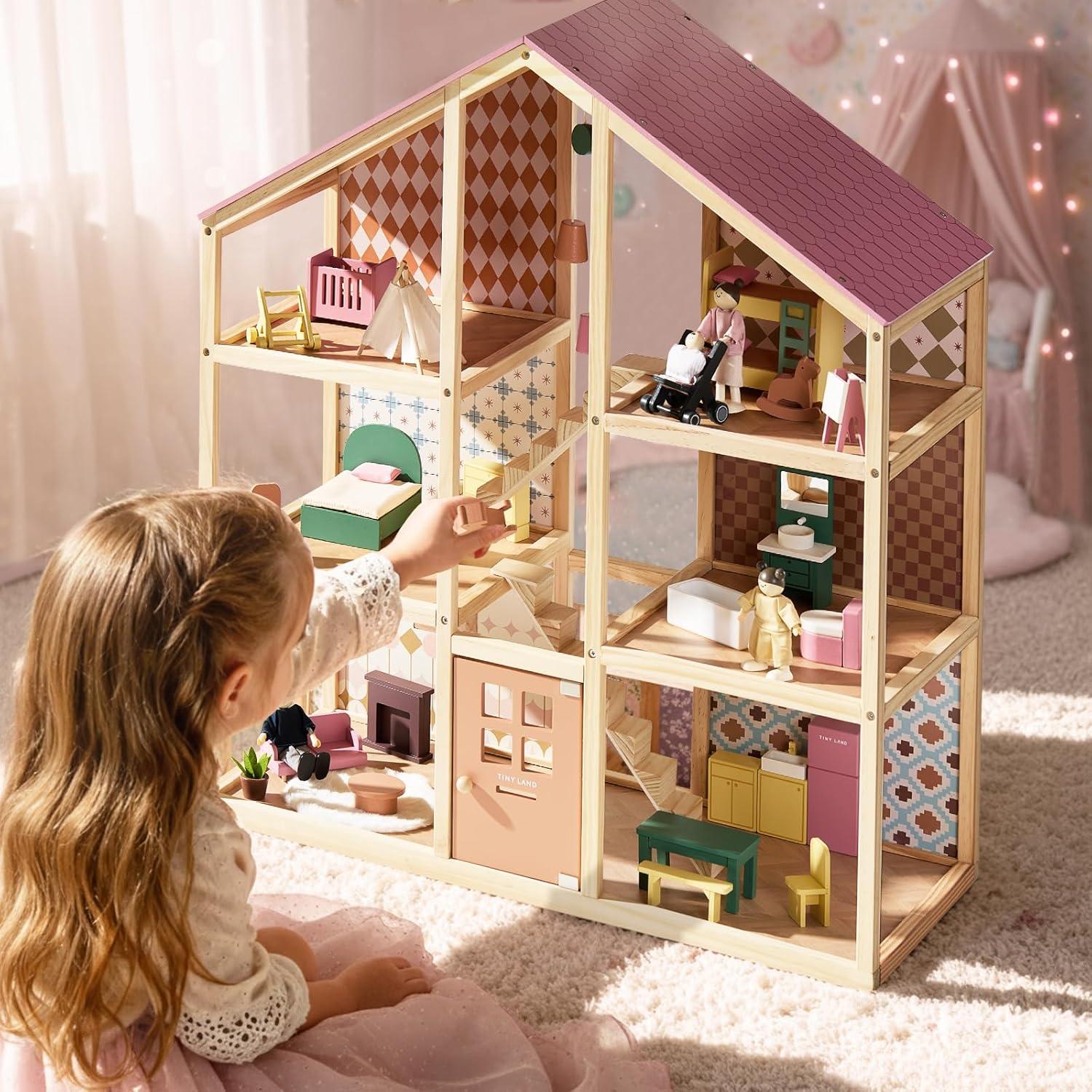 imageTiny Land Wooden Dollhouse for Girls 6 Rooms Wooden Doll House DIY Pretend Doll House with 31Pcs Furniture Accessories Creative Gift for Girl Ages 3 Dusty Pink