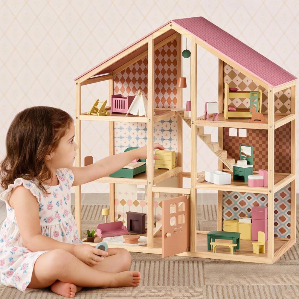 imageTiny Land Wooden Dollhouse for Girls 6 Rooms Wooden Doll House DIY Pretend Doll House with 31Pcs Furniture Accessories Creative Gift for Girl Ages 3 Dusty Pink