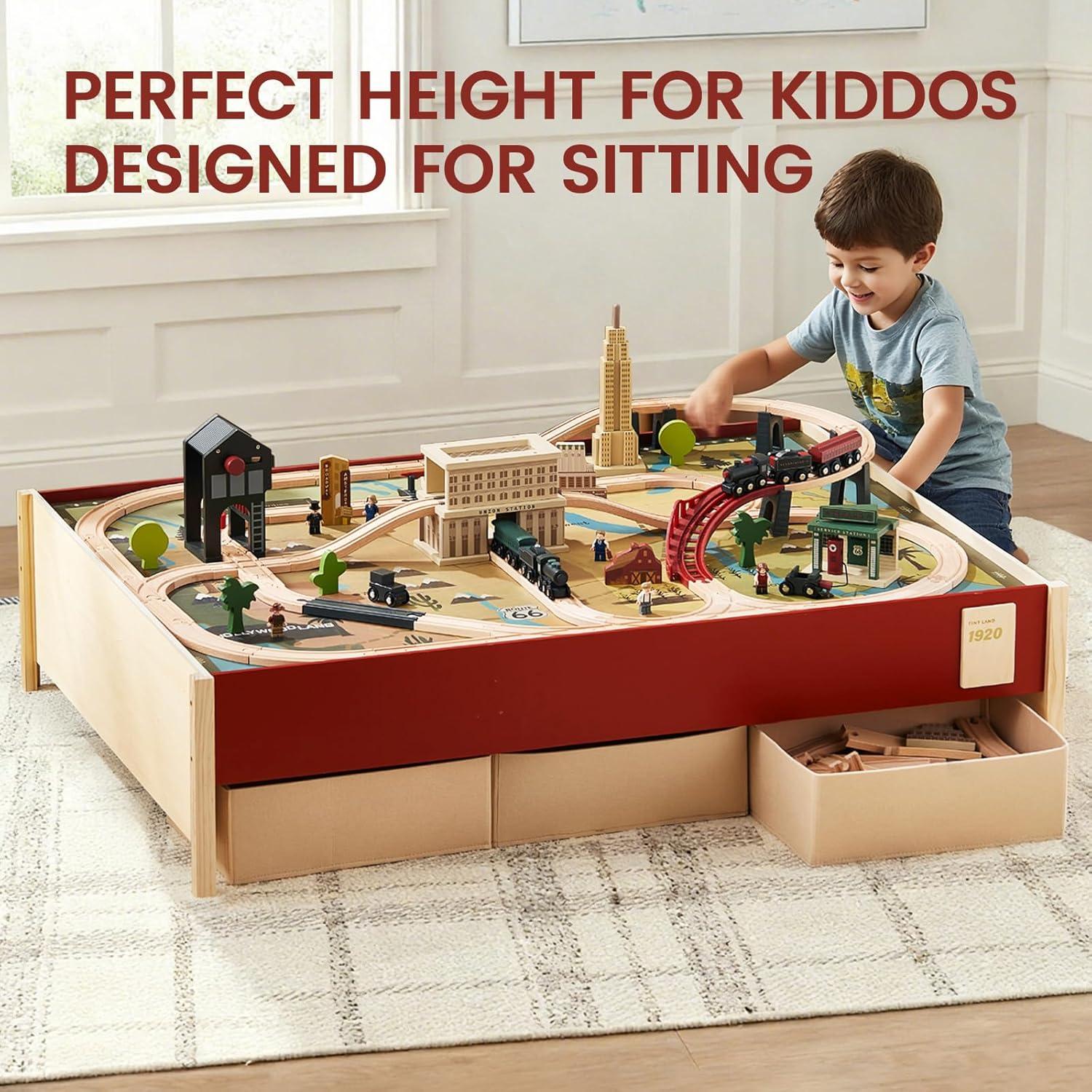 imageTiny Land Large Wooden Train Table 479x352 100PCS Train Set 3 Storage Bins Activity Playset for Kids Ages 3