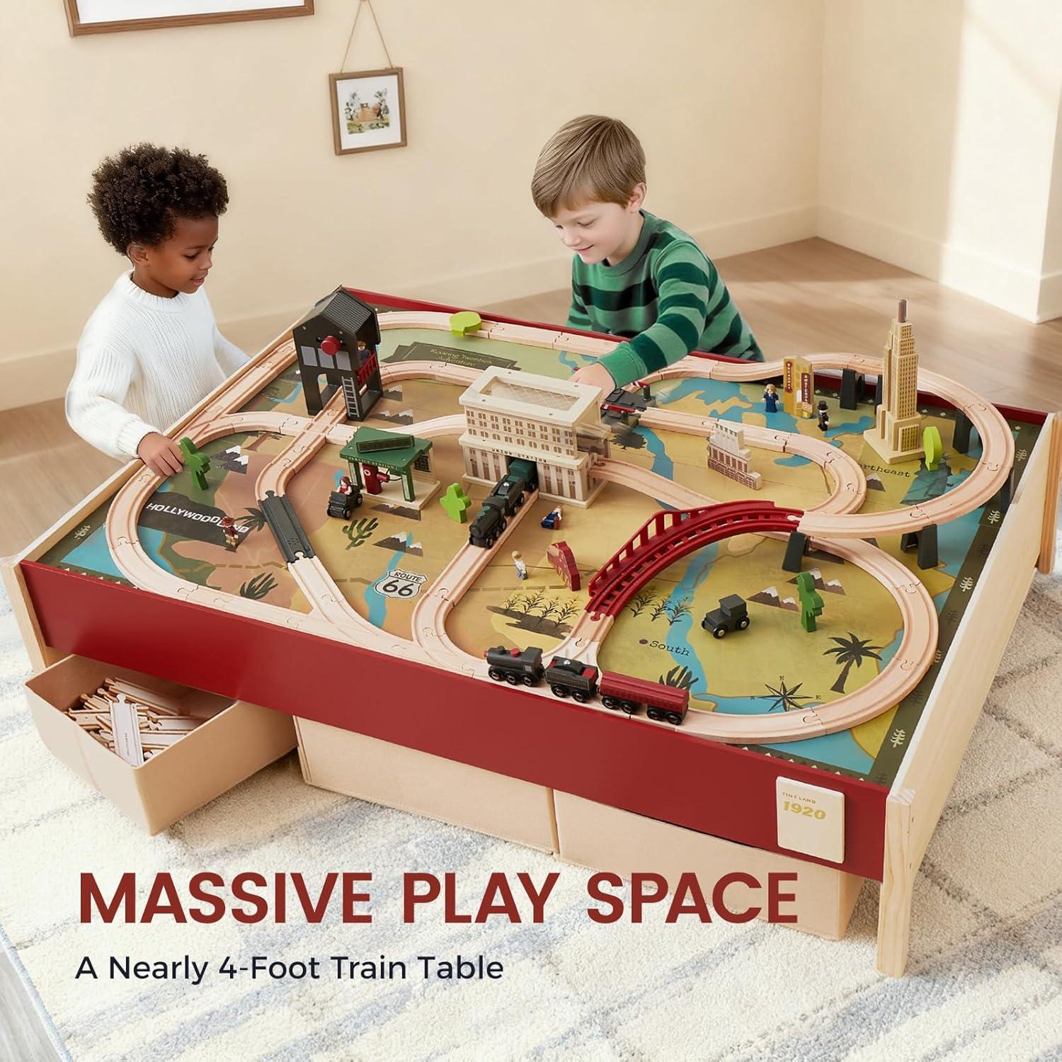 imageTiny Land Large Wooden Train Table 479x352 100PCS Train Set 3 Storage Bins Activity Playset for Kids Ages 3