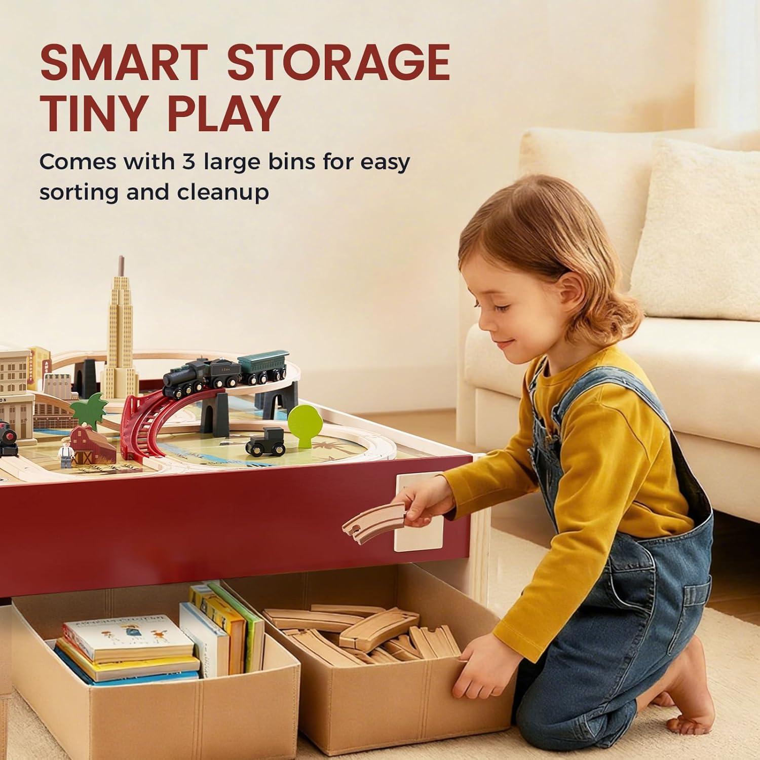 imageTiny Land Large Wooden Train Table 479x352 100PCS Train Set 3 Storage Bins Activity Playset for Kids Ages 3