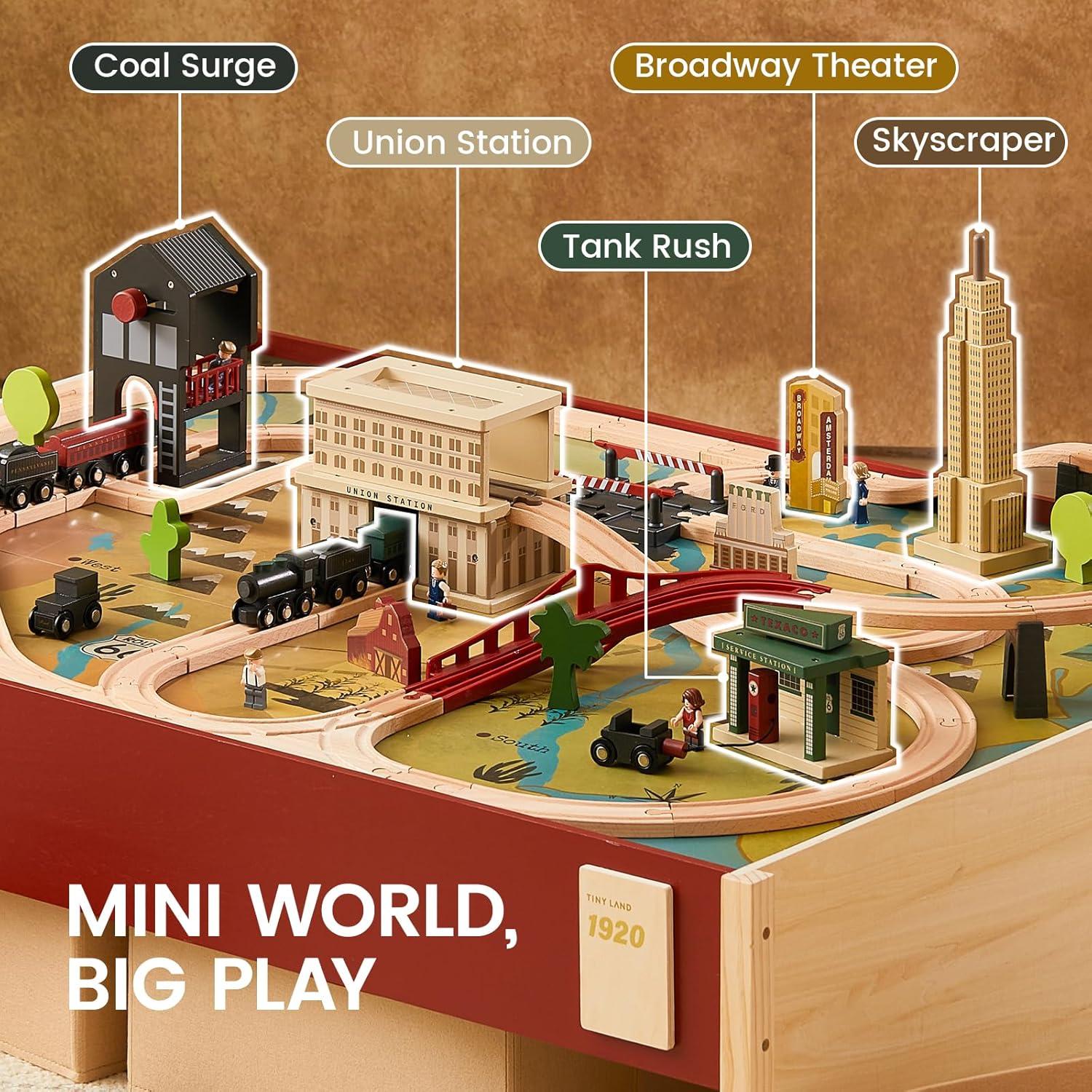 imageTiny Land Large Wooden Train Table 479x352 100PCS Train Set 3 Storage Bins Activity Playset for Kids Ages 3