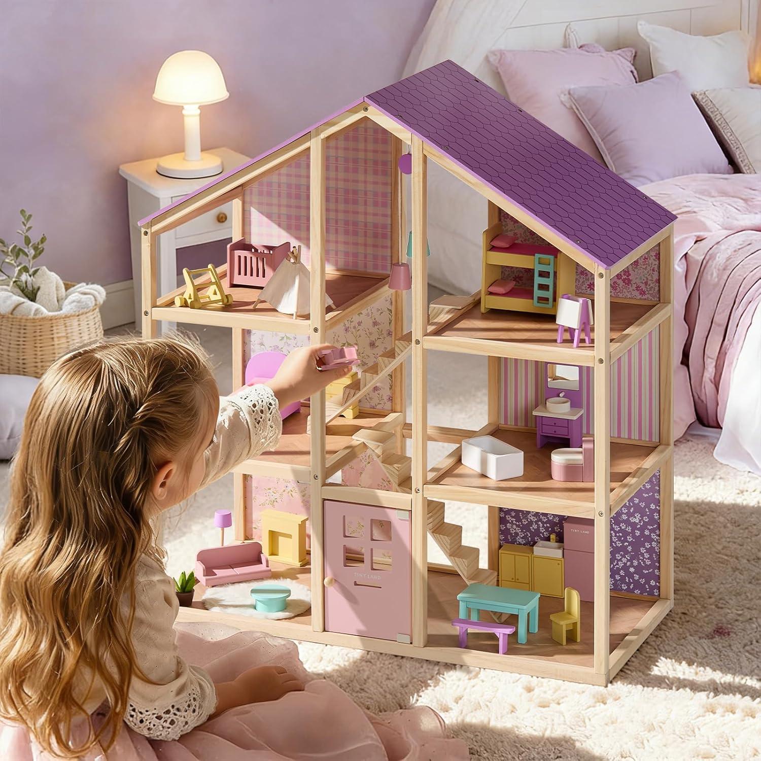 imageTiny Land Wooden Dollhouse for Girls 6 Rooms Wooden Doll House DIY Pretend Doll House with 31Pcs Furniture Accessories Creative Gift for Girl Ages 3Unicorn Purple